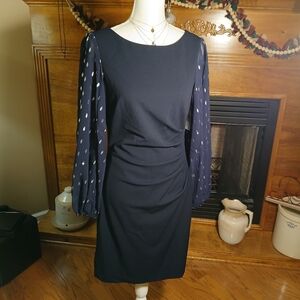Jessica Howard Embellished Navy Sheath Dress With Sheer Sleeves